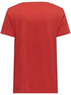 T-shirt en coton biologique rouge uni coupe droite avec un col v