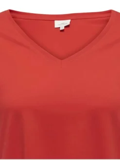T-shirt en coton biologique rouge uni coupe droite avec un col v
