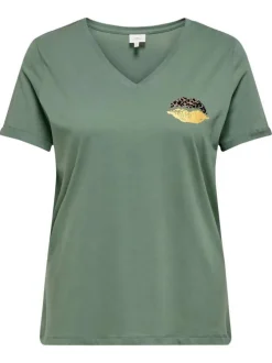 T-shirt en coton biologique vert uni pourvu d'un bisou imprimé sur la poitrine