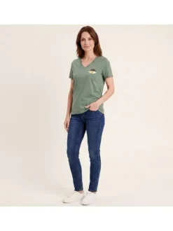 T-shirt en coton biologique vert uni pourvu d'un bisou imprimé sur la poitrine
