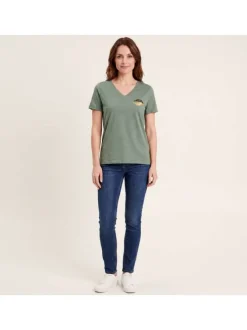 T-shirt en coton biologique vert uni pourvu d'un bisou imprimé sur la poitrine