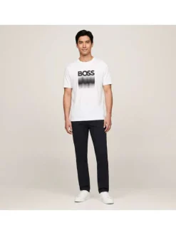 T-shirt en coton blanc avec imprimé logo à coupe droite et à col rond