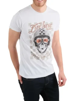 T-shirt en coton blanc avec un col rond et nom de la marque floqué à la poitrine