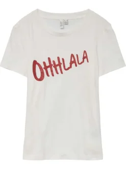 T-shirt en coton blanc avec une écriture pailletée et un col rond