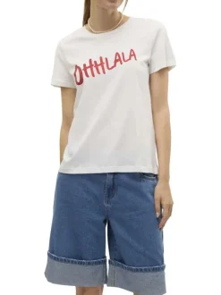 T-shirt en coton blanc avec une écriture pailletée et un col rond