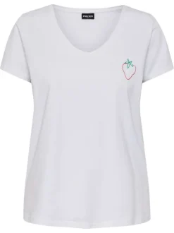 T-shirt en coton blanc avec une fraise brodé sur la poitrine et un col rond