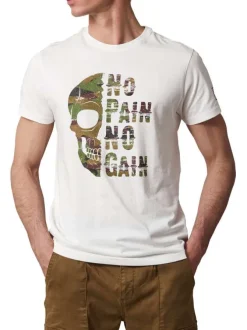T-shirt en coton blanc avec un imprimé militaire à l'avant et un col rond