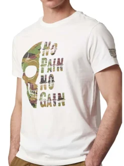 T-shirt en coton blanc avec un imprimé militaire à l'avant et un col rond