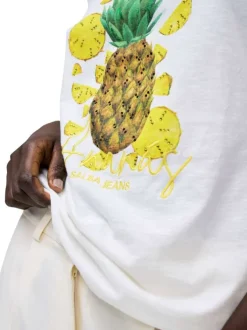 T-shirt en coton blanc chiné et imprimé à l'avant avec des strass et un col rond