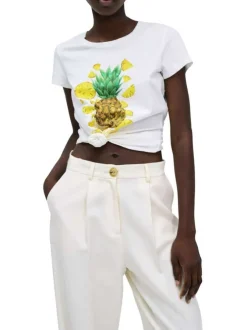 T-shirt en coton blanc chiné et imprimé à l'avant avec des strass et un col rond
