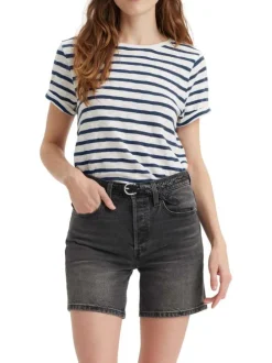 T-shirt en coton blanc chiné à rayures bleues marine avec un col rond