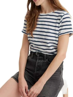 T-shirt en coton blanc chiné à rayures bleues marine avec un col rond