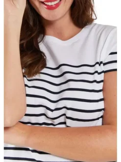 T-shirt en coton blanc coupe droite avec un col rond et rayures fines imprimées