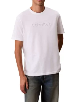 T-shirt en coton blanc à coupe droite pourvu d'un col rond en maille piquée