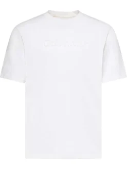 T-shirt en coton blanc à coupe droite pourvu d'un col rond en maille piquée
