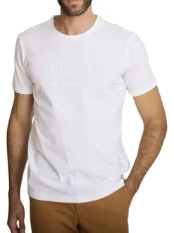 T-shirt en coton blanc à coupe droite pourvu d'un col rond texturé