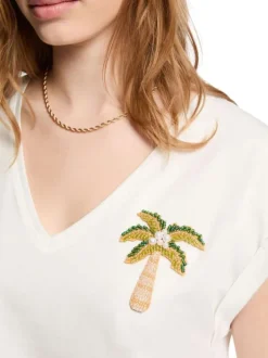 T-shirt en coton blanc à coupe droite pourvu d'un col v et de manches courtes