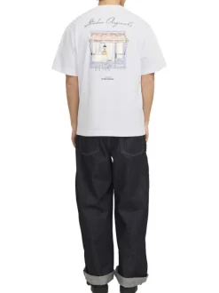 T-shirt en coton blanc à coupe large avec boutique imprimée au dos et col rond