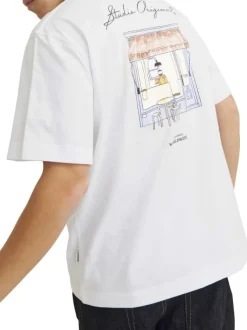 T-shirt en coton blanc à coupe large avec boutique imprimée au dos et col rond
