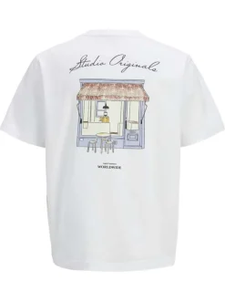 T-shirt en coton blanc à coupe large avec boutique imprimée au dos et col rond