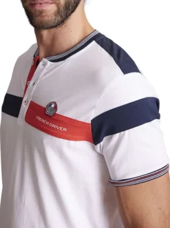 T-shirt en coton blanc et bleu marine uni à col rond fermé par des boutons