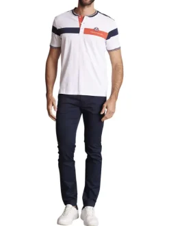 T-shirt en coton blanc et bleu marine uni à col rond fermé par des boutons