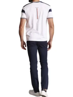 T-shirt en coton blanc et bleu marine uni à col rond fermé par des boutons