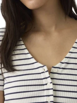 T-shirt en coton blanc et marine à rayures pourvu d'une fermeture boutonnée