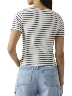 T-shirt en coton blanc et marine à rayures pourvu d'une fermeture boutonnée