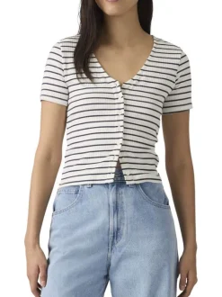 T-shirt en coton blanc et marine à rayures pourvu d'une fermeture boutonnée
