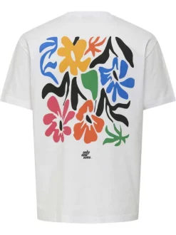 T-shirt en coton blanc fleuri au dos avec une coupe droite et un col rond
