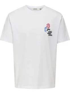 T-shirt en coton blanc fleuri au dos avec une coupe droite et un col rond