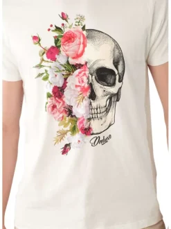 T-shirt en coton blanc fleuri avec une coupe droite et un col rond