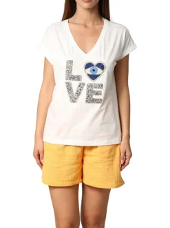 T-shirt en coton blanc imprimé avec un col v et une coupe droite