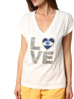 T-shirt en coton blanc imprimé avec un col v et une coupe droite