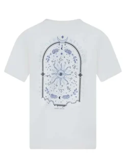 T-shirt en coton blanc imprimé avec une coupe droite à col rond et un soleil