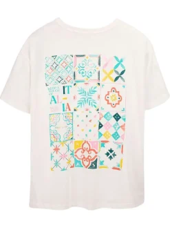 T-shirt en coton blanc imprimé à coupe droite pourvu d'un col rond