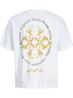 T-shirt en coton blanc imprimé à coupe droite pourvu d'un col rond