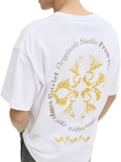 T-shirt en coton blanc imprimé à coupe droite pourvu d'un col rond