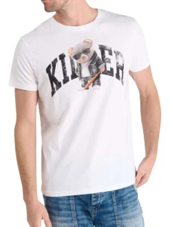 T-shirt en coton blanc imprimé à la poitrine avec un col rond