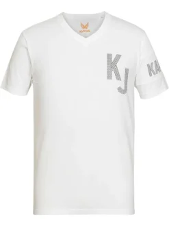 T-shirt en coton blanc imprimé à la poitrine et sur la manche à coupe ajustée