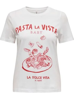 T-shirt en coton blanc imprimé à l'avant avec une coupe droite et un col rond