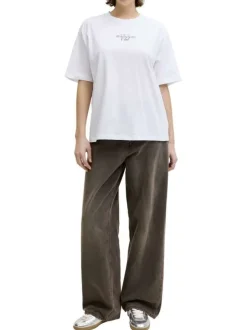 T-shirt en coton blanc à motifs imprimés pourvu d'une coupe droite