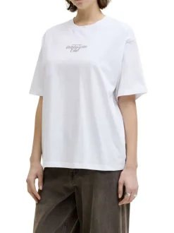 T-shirt en coton blanc à motifs imprimés pourvu d'une coupe droite