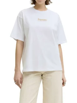 T-shirt en coton blanc à motifs imprimés pourvu d'une coupe droite