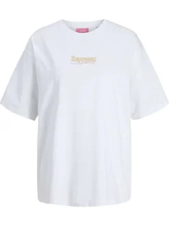 T-shirt en coton blanc à motifs imprimés pourvu d'une coupe droite