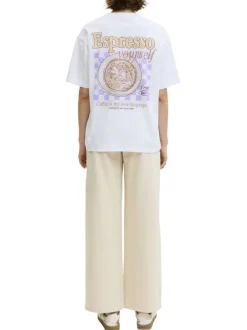 T-shirt en coton blanc à motifs imprimés pourvu d'une coupe droite