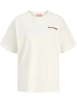 T-shirt en coton blanc à motifs imprimés pourvu d'une coupe droite