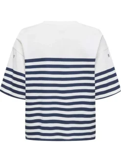 T-shirt en coton blanc rayé avec une coupe droite à col rond