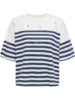 T-shirt en coton blanc rayé avec une coupe droite à col rond